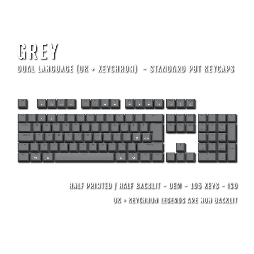 UK Grey PBT Keychron (Layout) Keycaps - 100% Size - Dual Language Keycaps - kromekeycaps