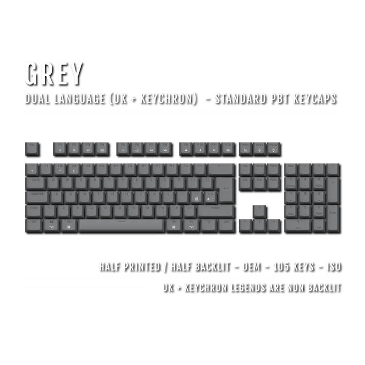 UK Grey PBT Keychron (Layout) Keycaps - 100% Size - Dual Language Keycaps - kromekeycaps