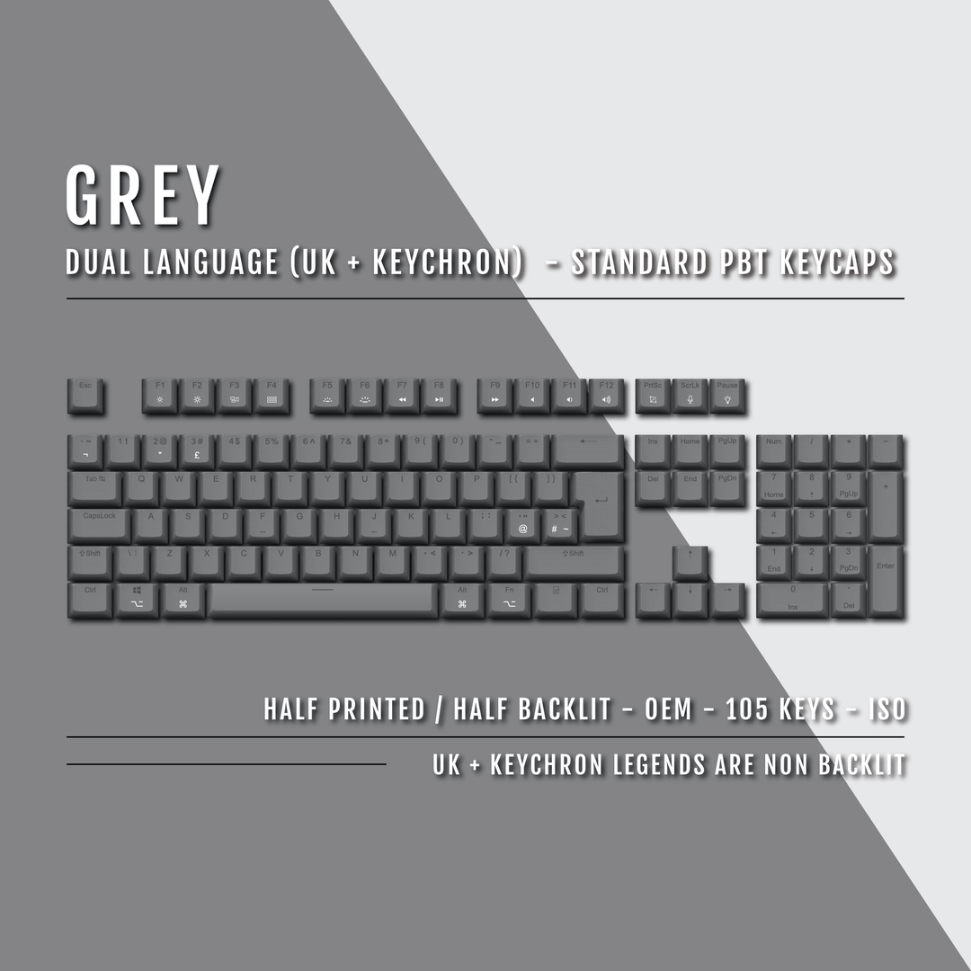 UK Grey PBT Keychron (Layout) Keycaps - 100% Size - Dual Language Keycaps - kromekeycaps