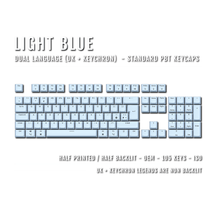 UK Light Blue PBT Keychron (Layout) Keycaps - 100% Size - Dual Language Keycaps - kromekeycaps