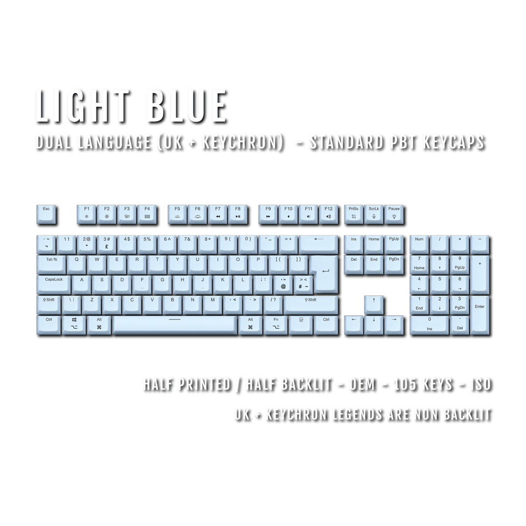 UK Light Blue PBT Keychron (Layout) Keycaps - 100% Size - Dual Language Keycaps - kromekeycaps