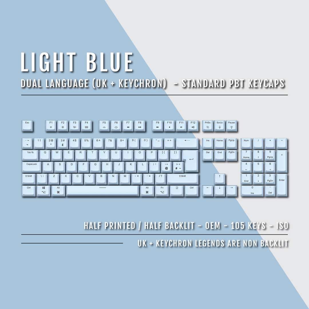 UK Light Blue PBT Keychron (Layout) Keycaps - 100% Size - Dual Language Keycaps - kromekeycaps