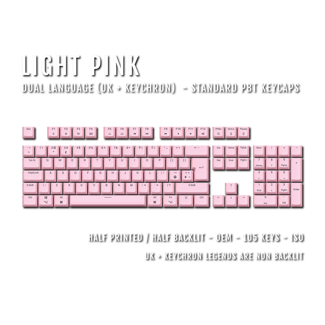 UK Light Pink PBT Keychron (Layout) Keycaps - 100% Size - Dual Language Keycaps - kromekeycaps