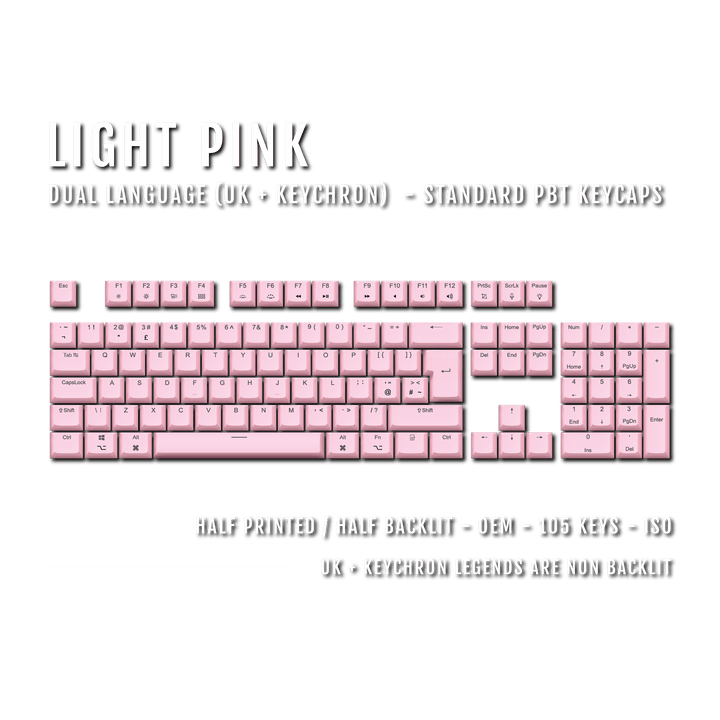 UK Light Pink PBT Keychron (Layout) Keycaps - 100% Size - Dual Language Keycaps - kromekeycaps