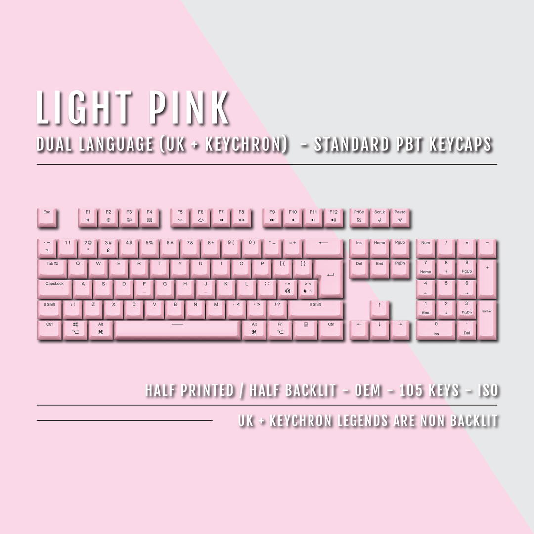 UK Light Pink PBT Keychron (Layout) Keycaps - 100% Size - Dual Language Keycaps - kromekeycaps