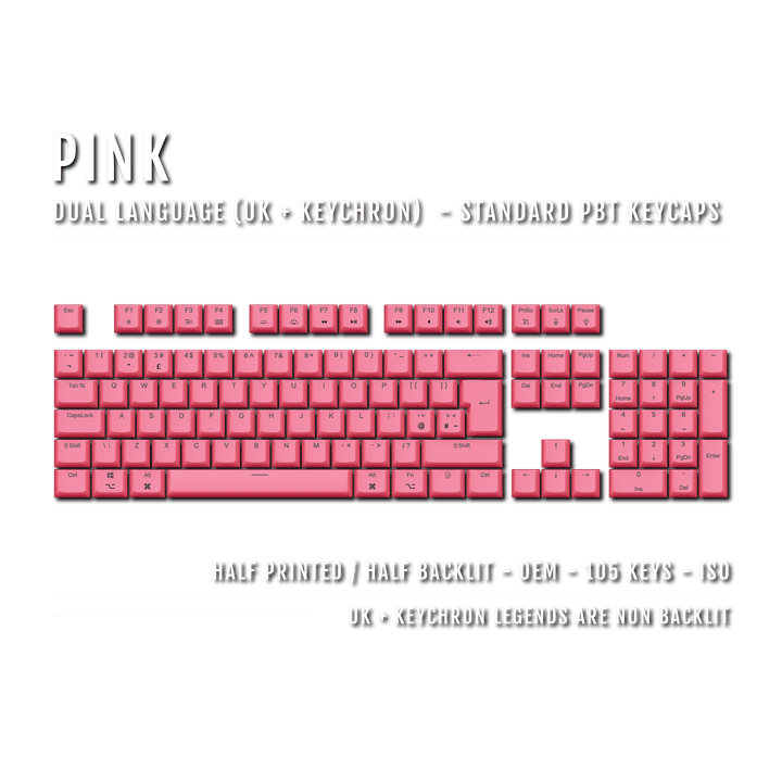 UK Pink PBT Keychron (Layout) Keycaps - 100% Size - Dual Language Keycaps - kromekeycaps