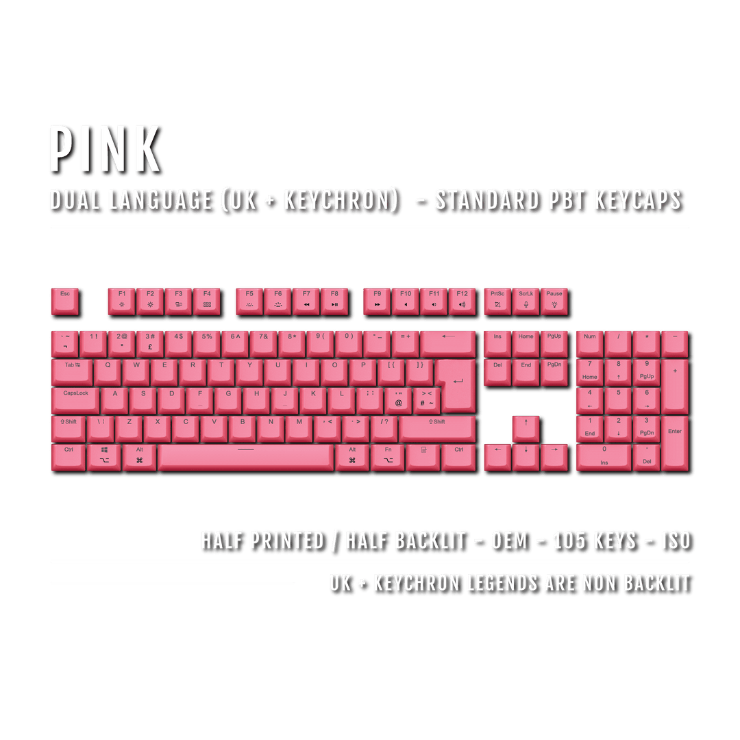 UK Pink PBT Keychron (Layout) Keycaps - 100% Size - Dual Language Keycaps - kromekeycaps