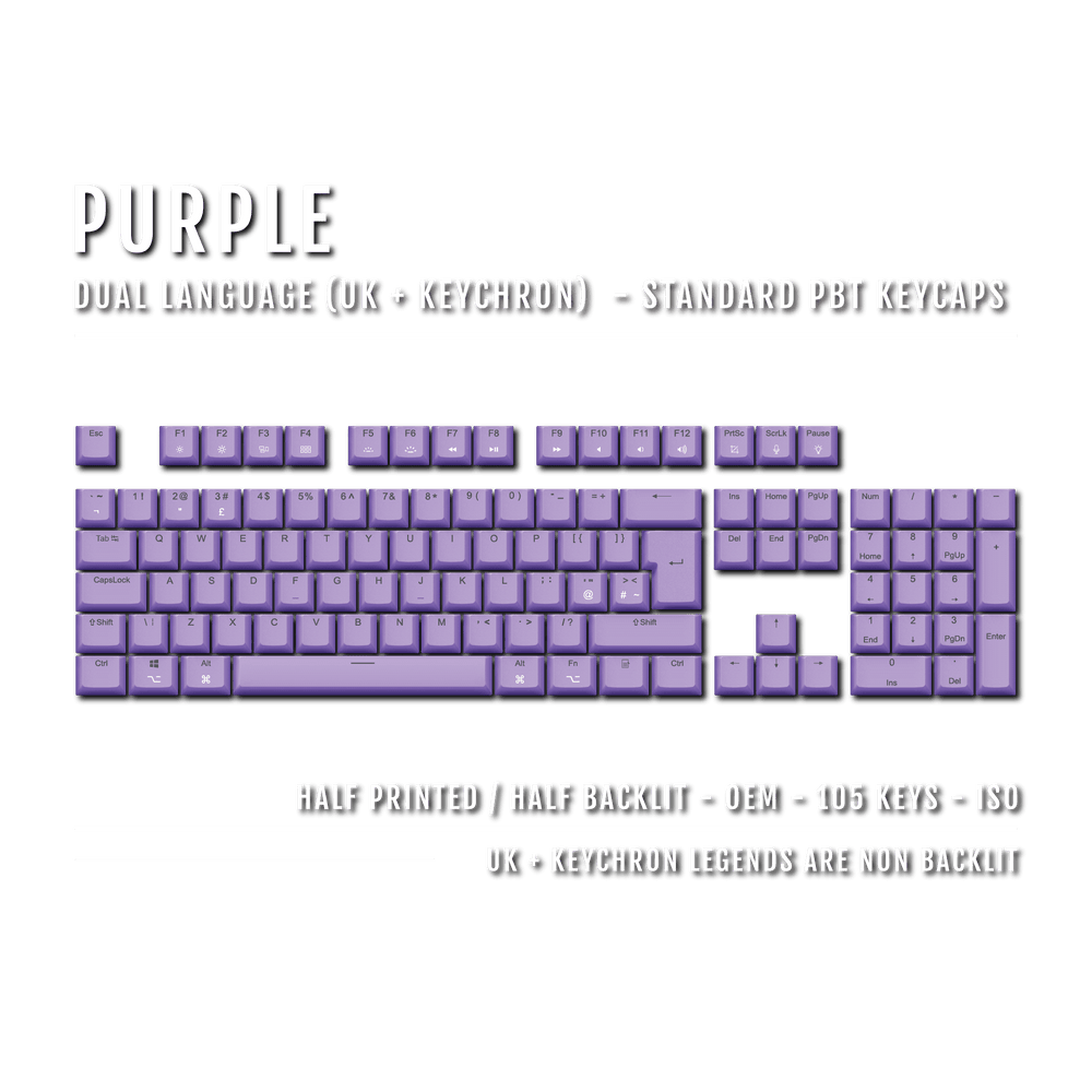 UK Purple PBT Keychron (Layout) Keycaps - 100% Size - Dual Language Keycaps - kromekeycaps