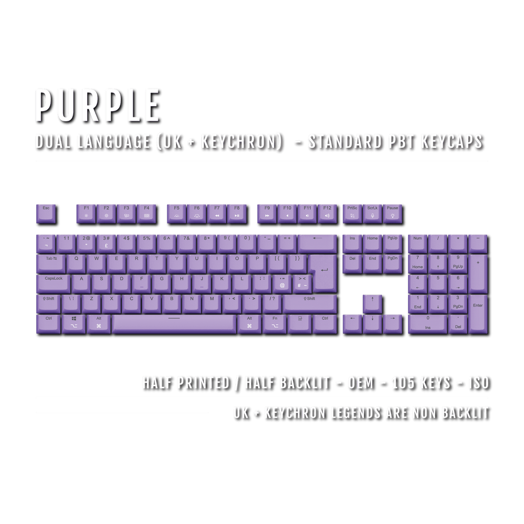 UK Purple PBT Keychron (Layout) Keycaps - 100% Size - Dual Language Keycaps - kromekeycaps