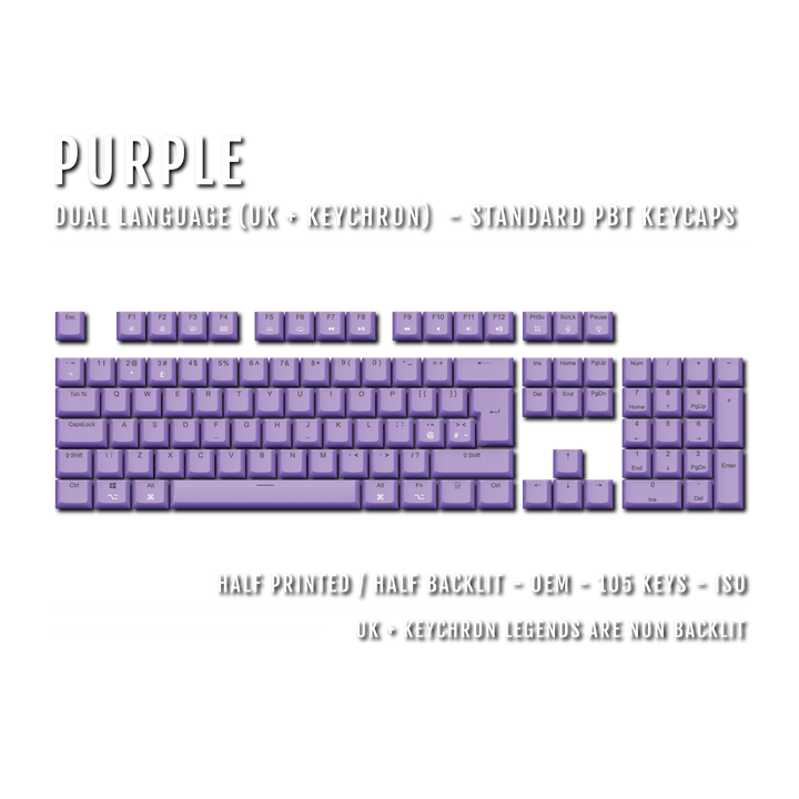 UK Purple PBT Keychron (Layout) Keycaps - 100% Size - Dual Language Keycaps - kromekeycaps