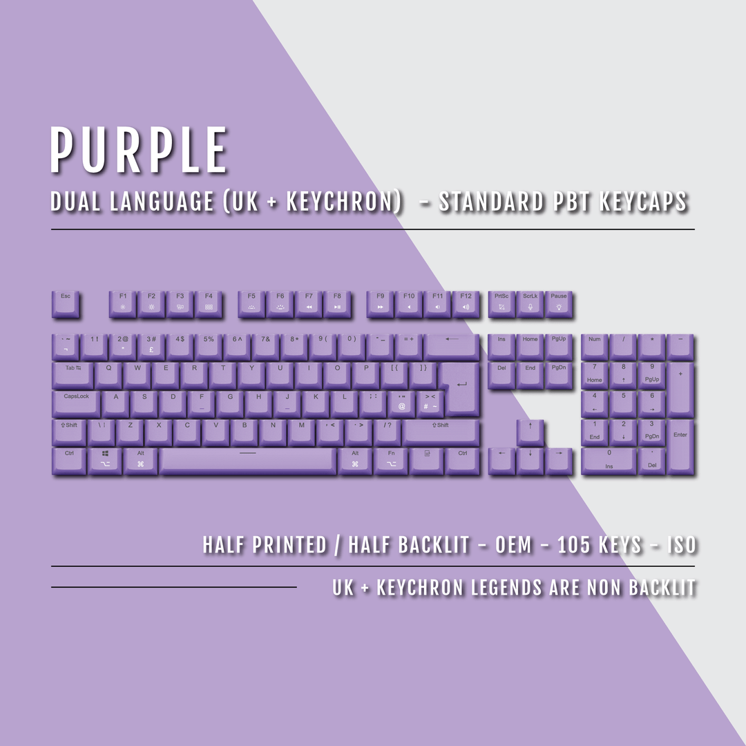 UK Purple PBT Keychron (Layout) Keycaps - 100% Size - Dual Language Keycaps - kromekeycaps