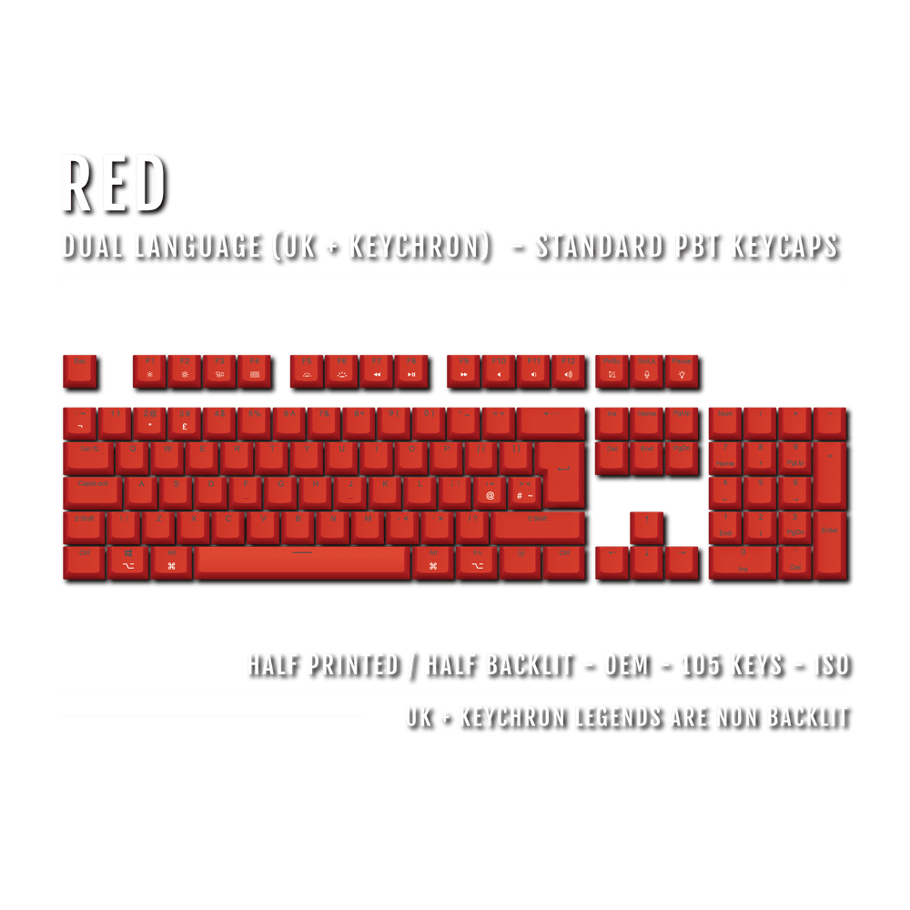 UK Red PBT Keychron (Layout) Keycaps - 100% Size - Dual Language Keycaps - kromekeycaps