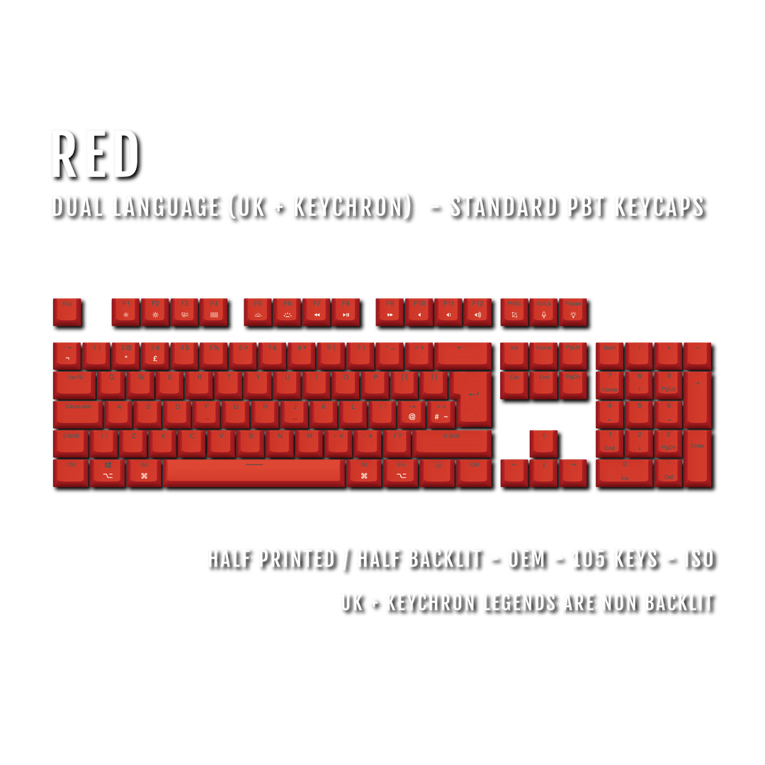 UK Red PBT Keychron (Layout) Keycaps - 100% Size - Dual Language Keycaps - kromekeycaps