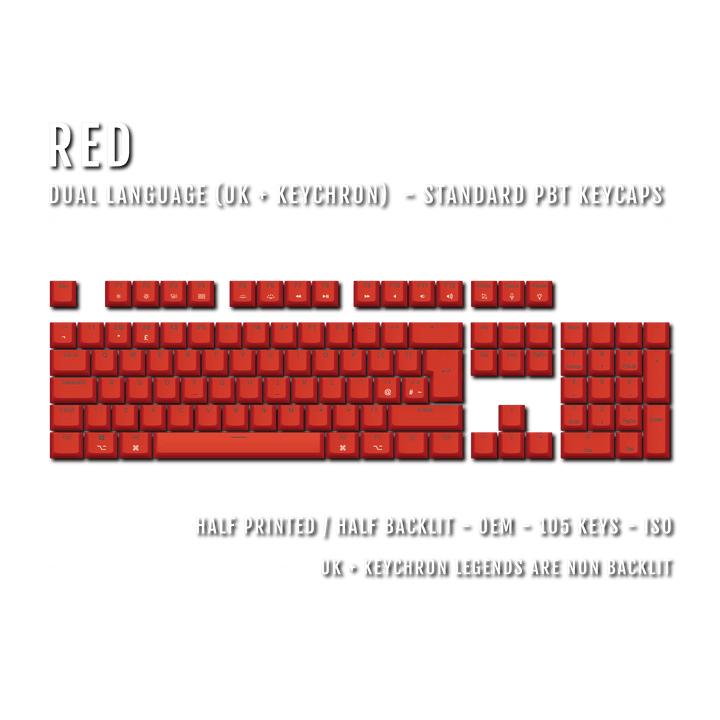 UK Red PBT Keychron (Layout) Keycaps - 100% Size - Dual Language Keycaps - kromekeycaps