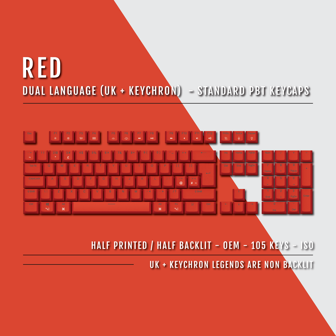 UK Red PBT Keychron (Layout) Keycaps - 100% Size - Dual Language Keycaps - kromekeycaps