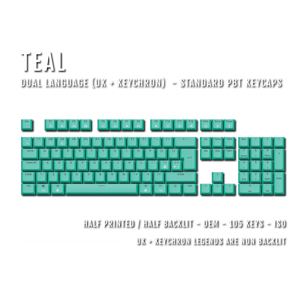 UK Teal PBT Keychron (Layout) Keycaps - 100% Size - Dual Language Keycaps - kromekeycaps