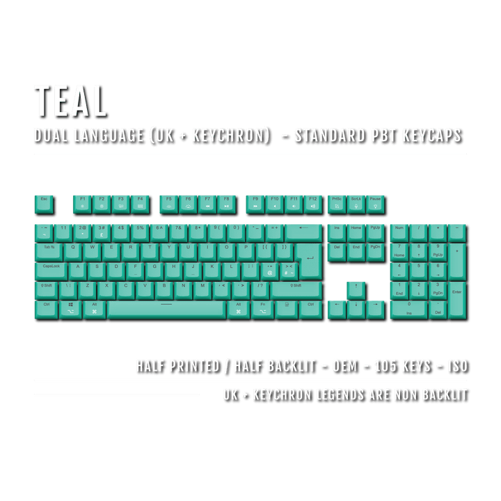UK Teal PBT Keychron (Layout) Keycaps - 100% Size - Dual Language Keycaps - kromekeycaps