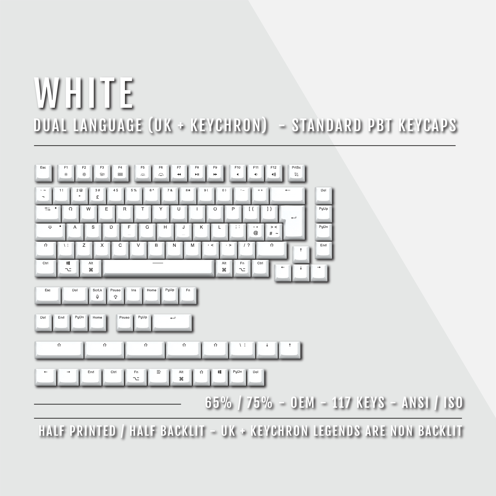 UK White PBT Keychron (Layout) Keycaps - 65/75% Sizes - Dual Language ...