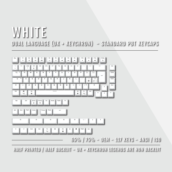 White UK & Keychron (Layout) Dual Language PBT Keycaps - 65/75%