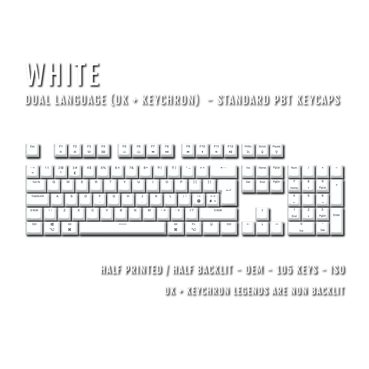 UK White PBT Keychron (Layout) Keycaps - 100% Size - Dual Language Keycaps - kromekeycaps