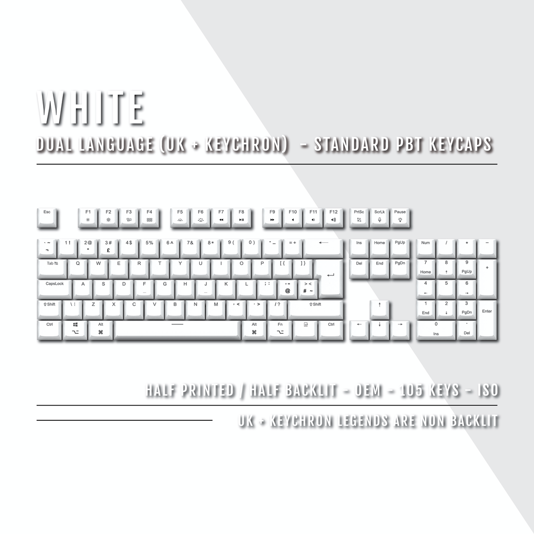 UK White PBT Keychron (Layout) Keycaps - 100% Size - Dual Language Keycaps - kromekeycaps