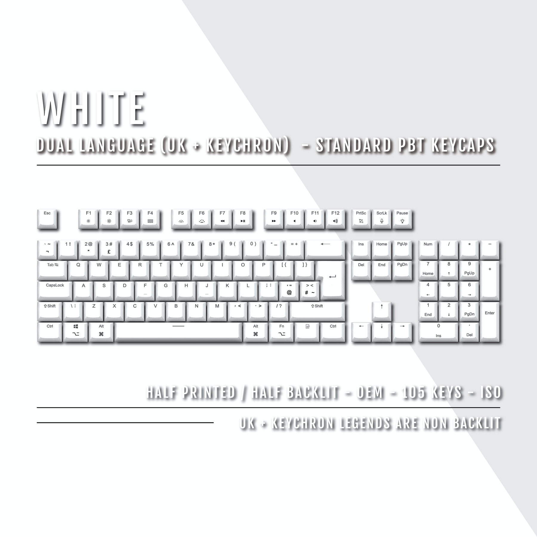 Dual Keystudio Layout White UK & Keychron (Layout) Dual Language PBT Keycaps – Krome Keycaps LTD