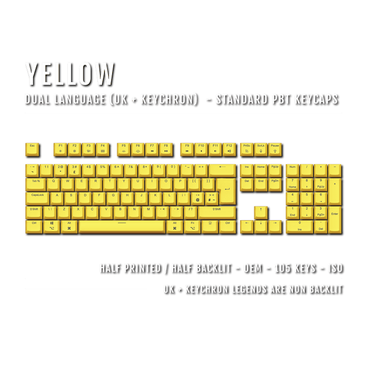 UK Yellow PBT Keychron (Layout) Keycaps - 100% Size - Dual Language Keycaps - kromekeycaps