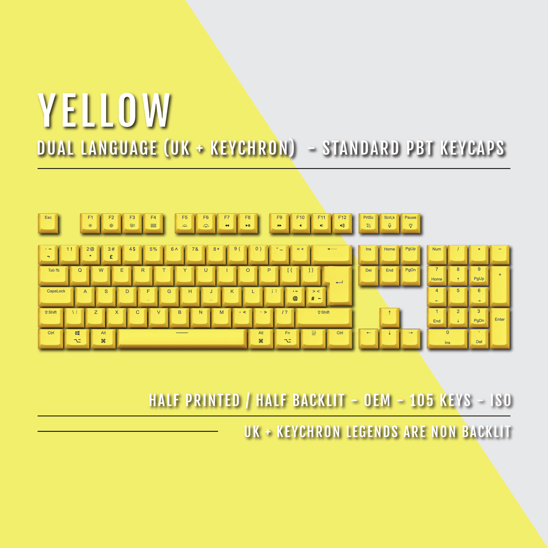 UK Yellow PBT Keychron (Layout) Keycaps - 100% Size - Dual Language Keycaps - kromekeycaps