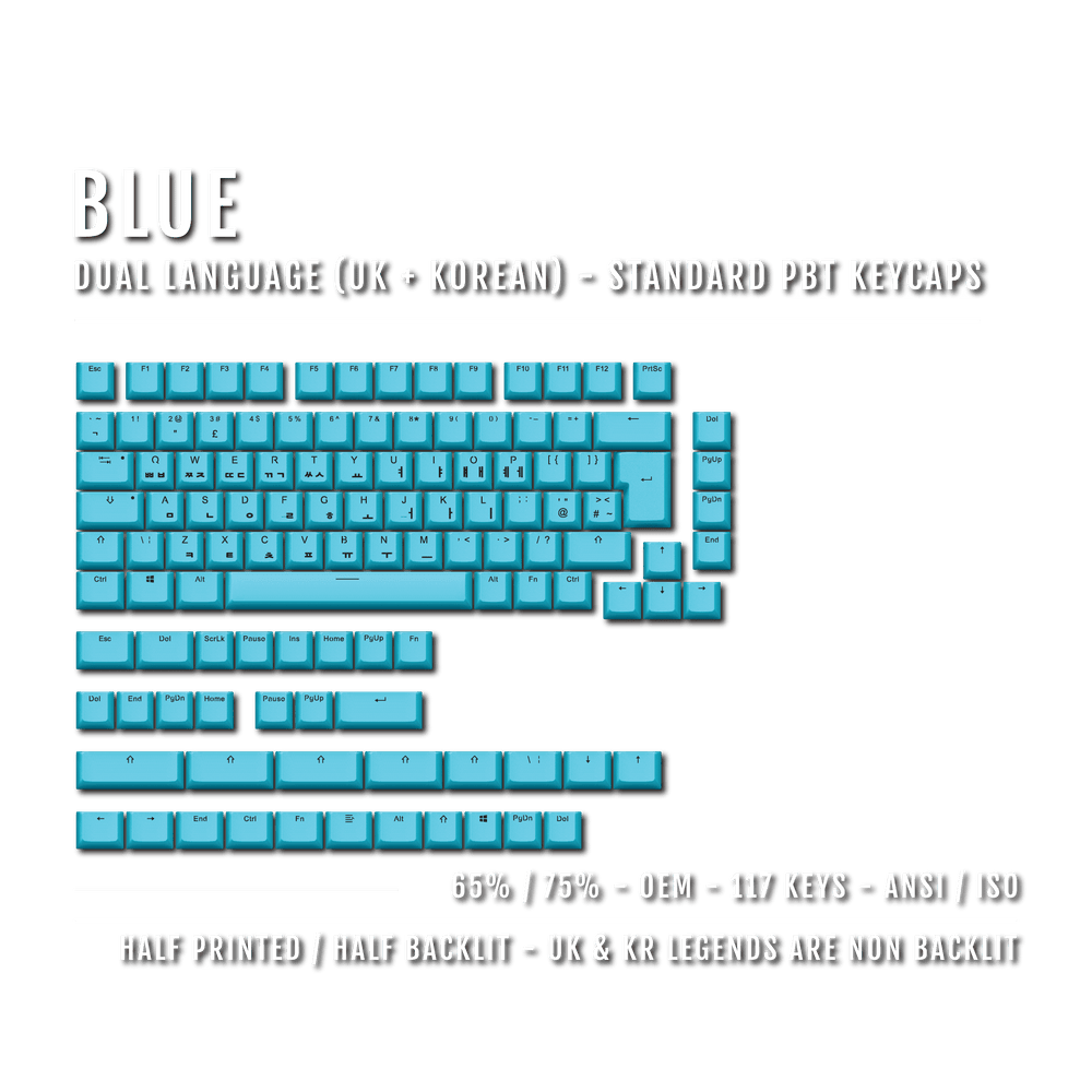 UK Blue PBT Korean (Hangul) Keycaps - 65/75% Sizes - Dual Language Keycaps - kromekeycaps