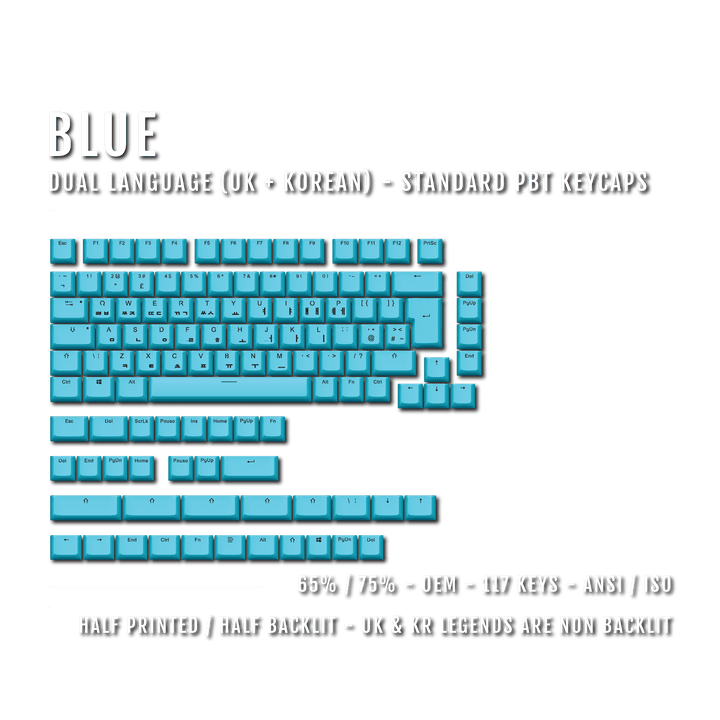 UK Blue PBT Korean (Hangul) Keycaps - 65/75% Sizes - Dual Language Keycaps - kromekeycaps