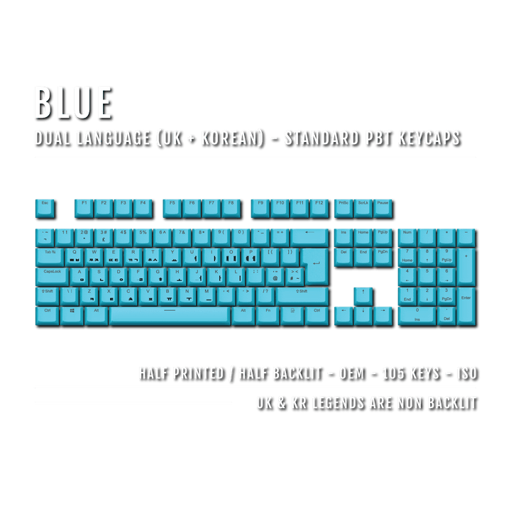 UK Blue PBT Korean (Hangul) Keycaps - 100% Size - Dual Language Keycaps - kromekeycaps