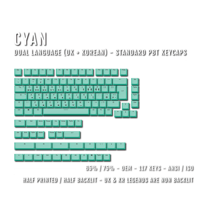 UK Cyan PBT Korean (Hangul) Keycaps - 65/75% Sizes - Dual Language Keycaps - kromekeycaps