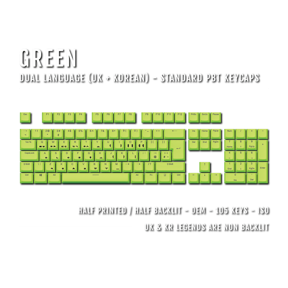 UK Green PBT Korean (Hangul) Keycaps - 100% Size - Dual Language Keycaps - kromekeycaps