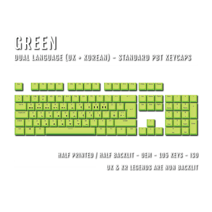 UK Green PBT Korean (Hangul) Keycaps - 100% Size - Dual Language Keycaps - kromekeycaps