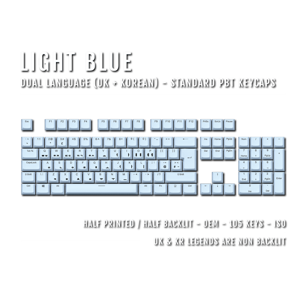 UK Light Blue PBT Korean (Hangul) Keycaps - 100% Size - Dual Language Keycaps - kromekeycaps