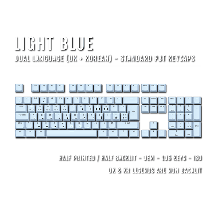 UK Light Blue PBT Korean (Hangul) Keycaps - 100% Size - Dual Language Keycaps - kromekeycaps