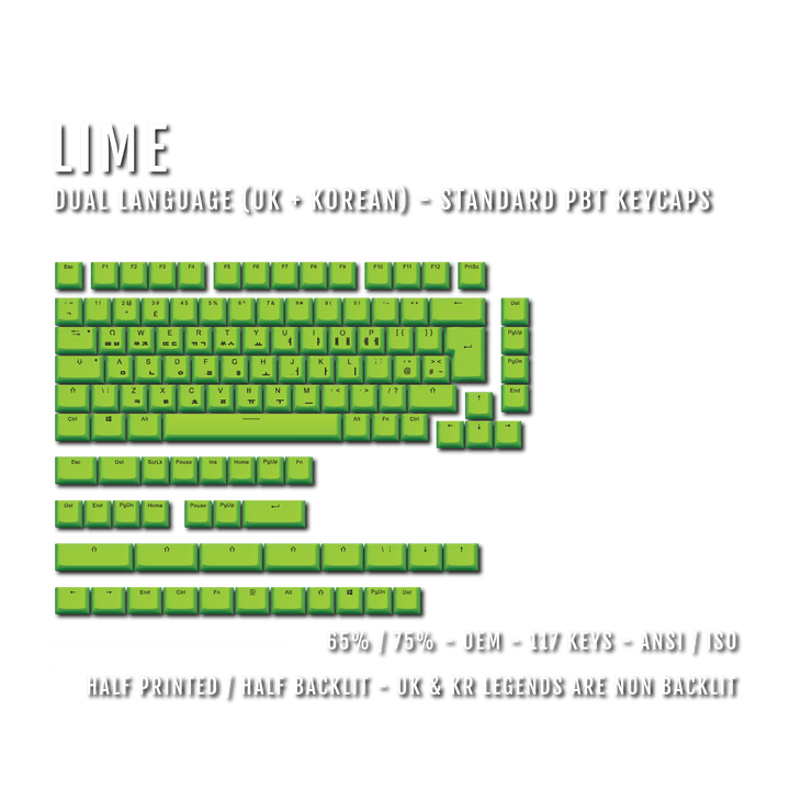 Lime UK & Korean Dual Language PBT Keycaps - 65/75% Krome Keycaps LTD korean