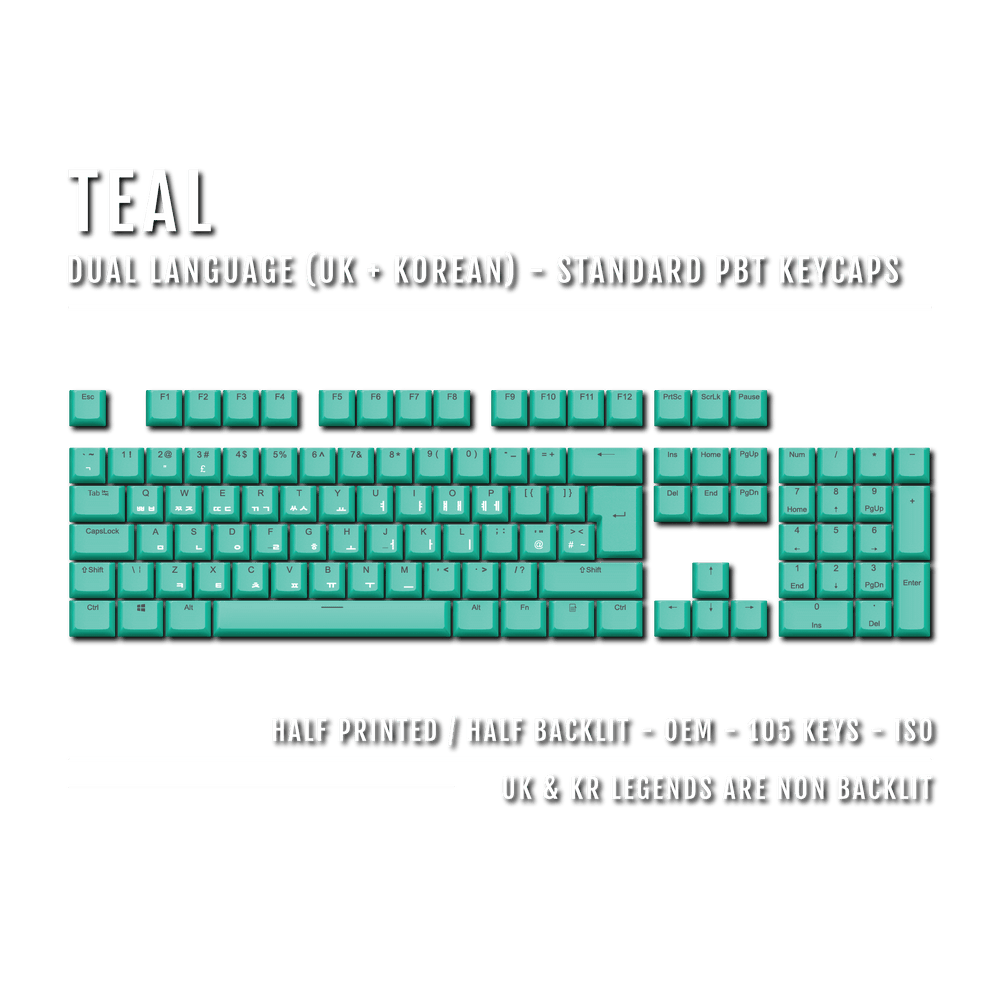 UK Teal PBT Korean (Hangul) Keycaps - 100% Size - Dual Language Keycaps - kromekeycaps