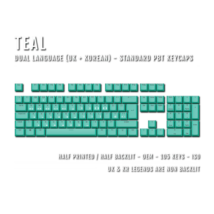 UK Teal PBT Korean (Hangul) Keycaps - 100% Size - Dual Language Keycaps - kromekeycaps