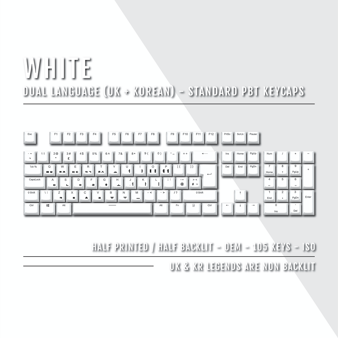 UK White PBT Korean (Hangul) Keycaps - 100% Size - Dual Language Keycaps - kromekeycaps