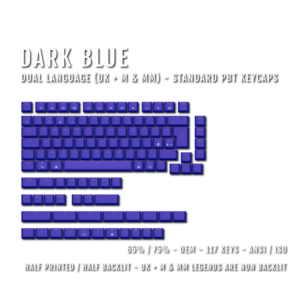 Dark Blue UK & Mac/Multimedia Dual Language PBT Keycaps – 65/75% Krome Keycaps LTD mac & multimedia