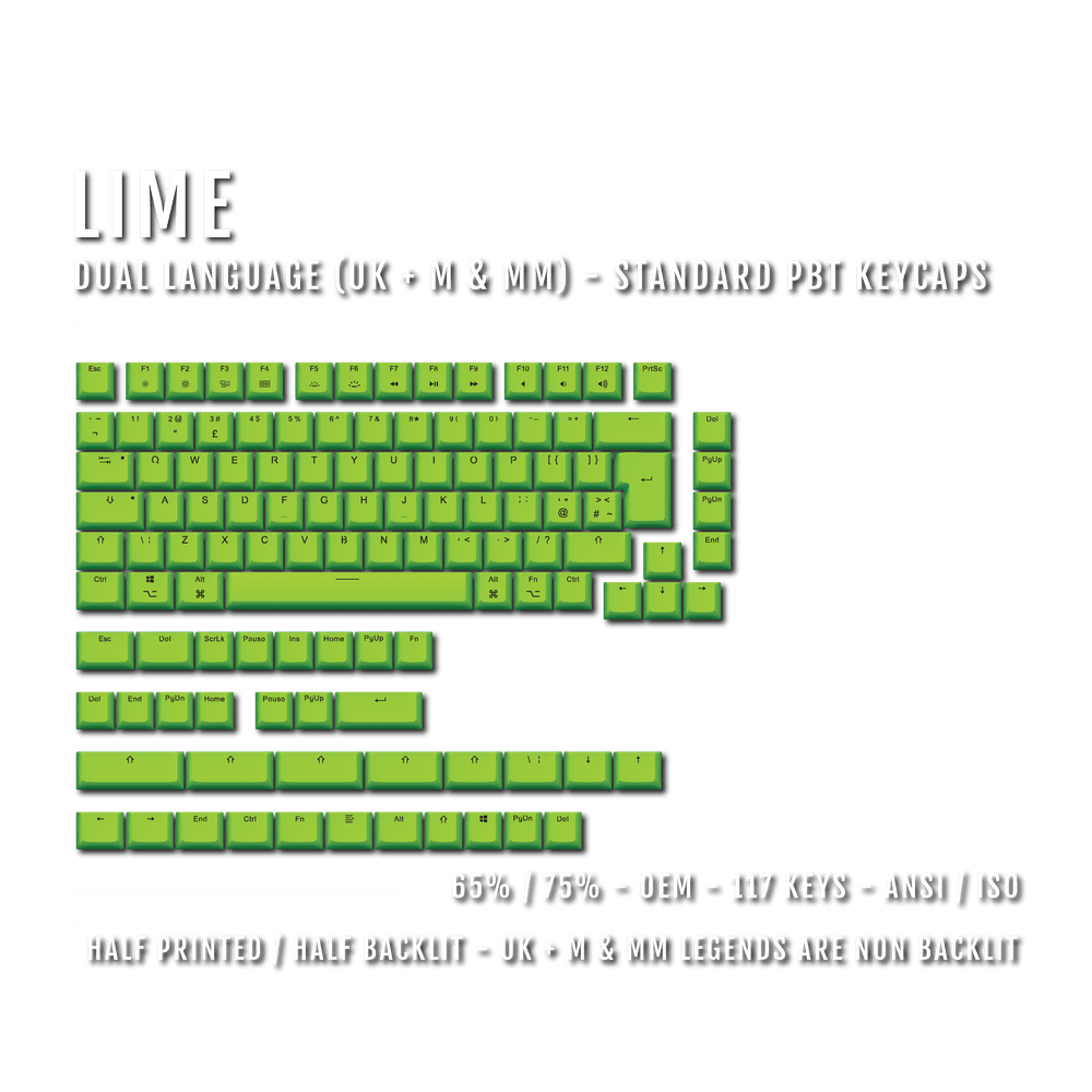 UK Lime PBT Mac & Multimedia Keycaps - 65/75% Sizes - Dual Language Keycaps - kromekeycaps