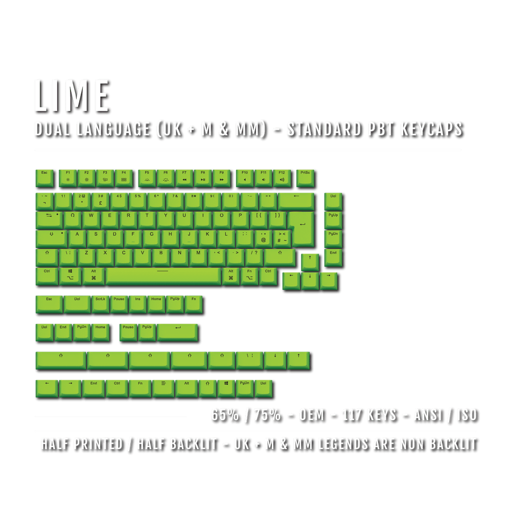 Lime UK & Mac/Multimedia Dual Language PBT Keycaps - 65/75% Krome Keycaps LTD mac & multimedia