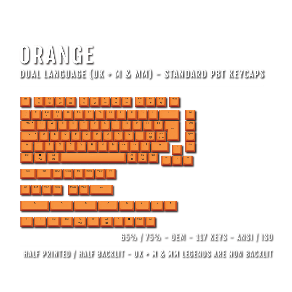 Orange UK & Mac/Multimedia Dual Language PBT Keycaps - 65/75% Krome Keycaps LTD mac & multimedia