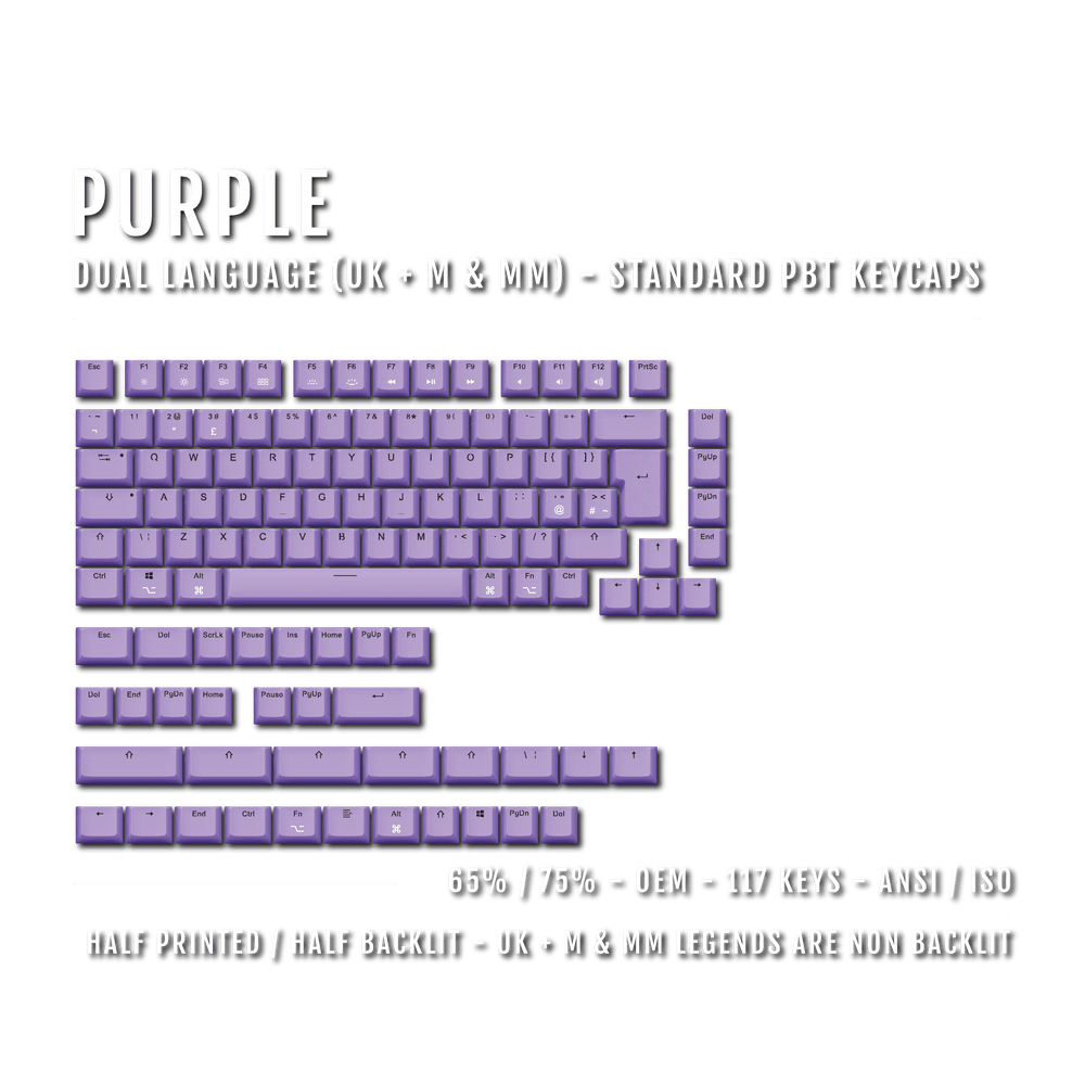 Purple UK & Mac/Multimedia Dual Language PBT Keycaps - 65/75% Krome Keycaps LTD mac & multimedia