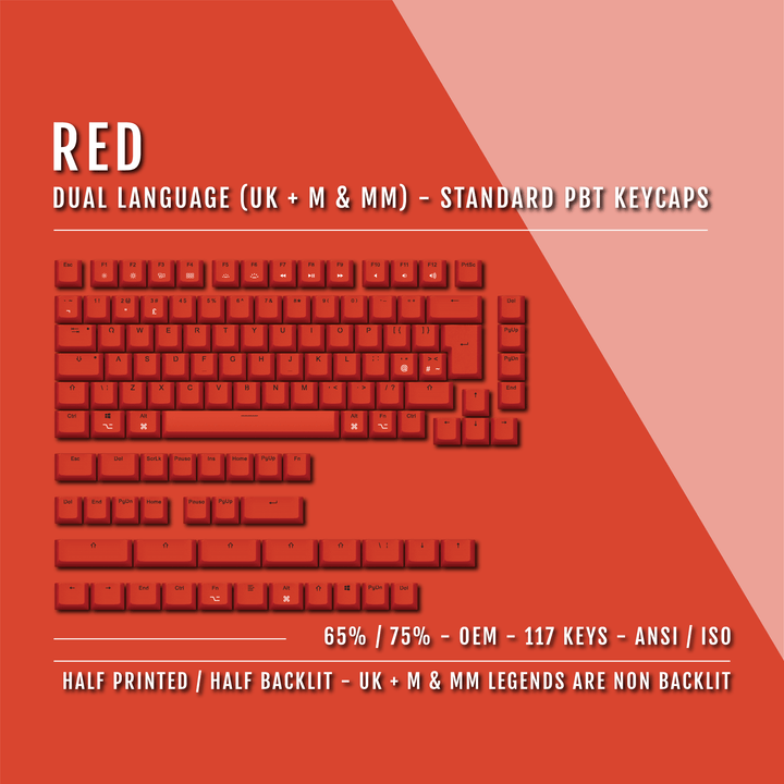 Red UK & Mac/Multimedia Dual Language PBT Keycaps - 65/75% Krome Keycaps LTD mac & multimedia