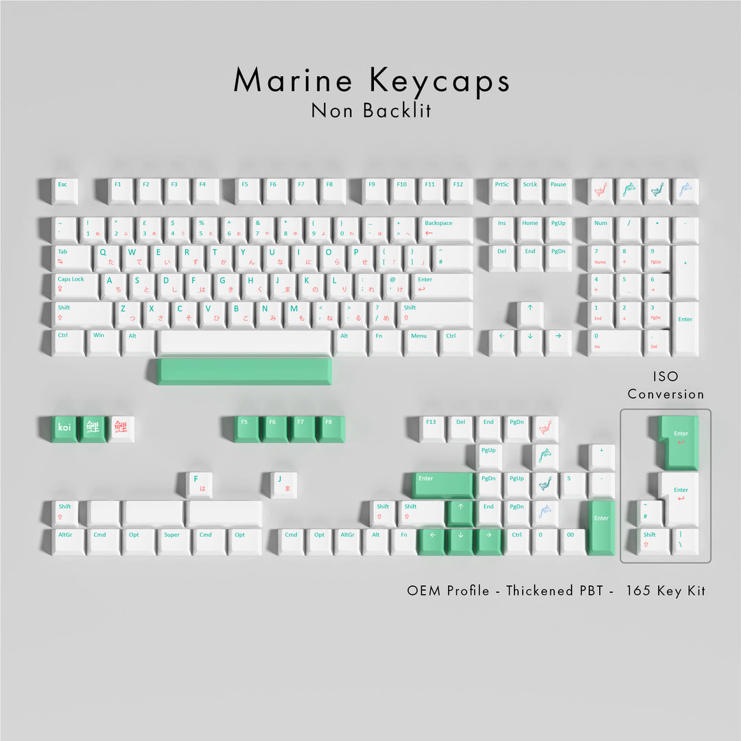 Set of Marine keycaps on a gray background with text indicating features.