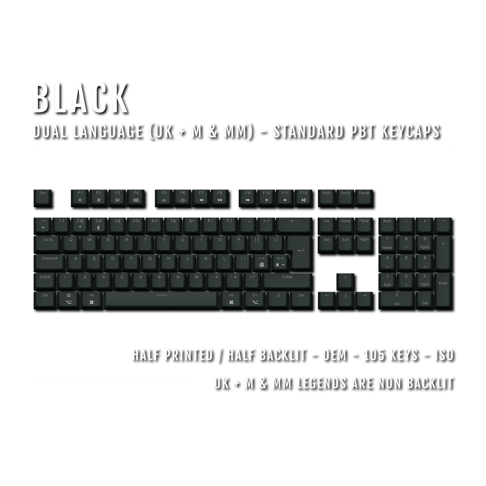 UK Black PBT Mac & Multimedia Keycaps - 100% Size - Dual Language Keycaps - kromekeycaps