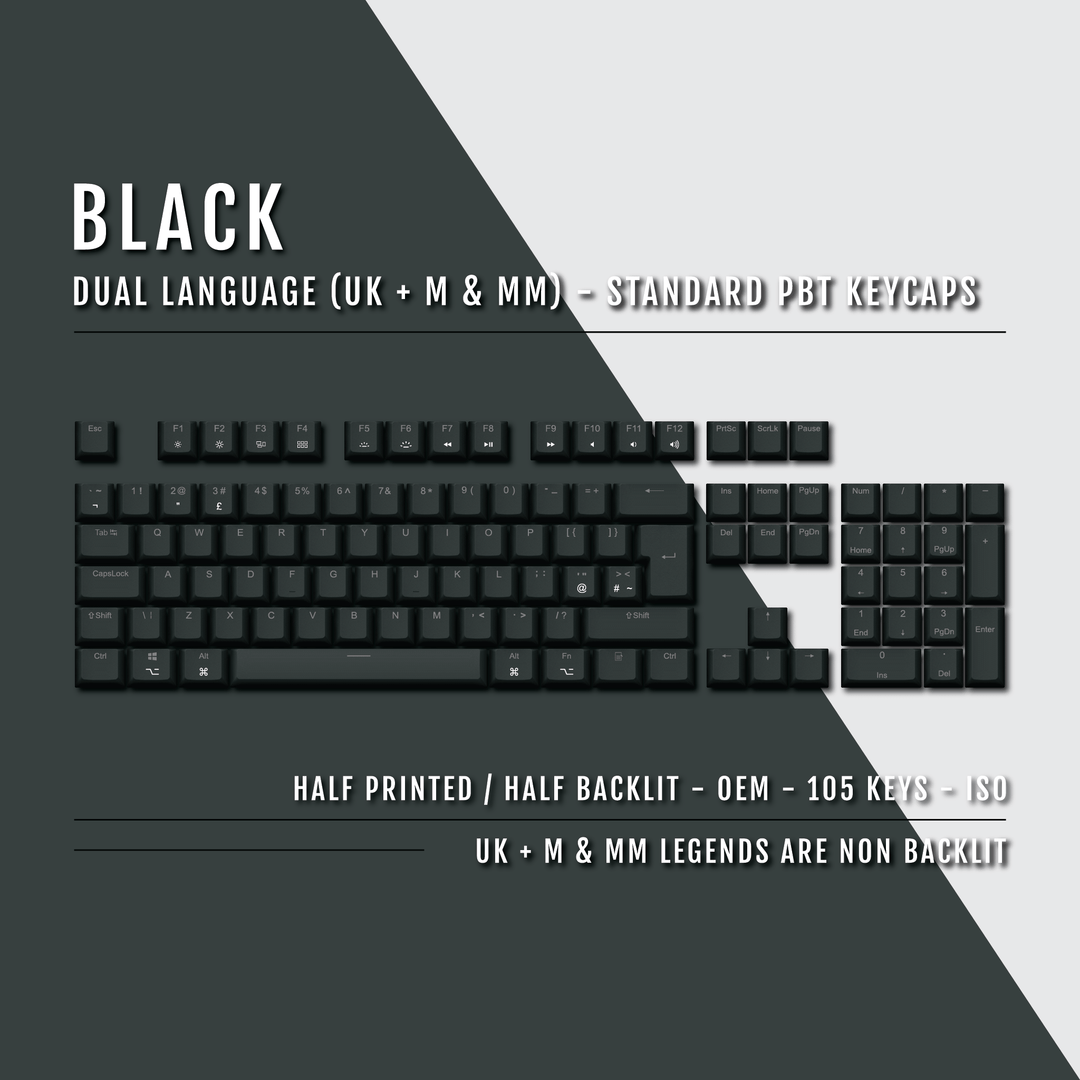 UK Black PBT Mac & Multimedia Keycaps - 100% Size - Dual Language Keycaps - kromekeycaps