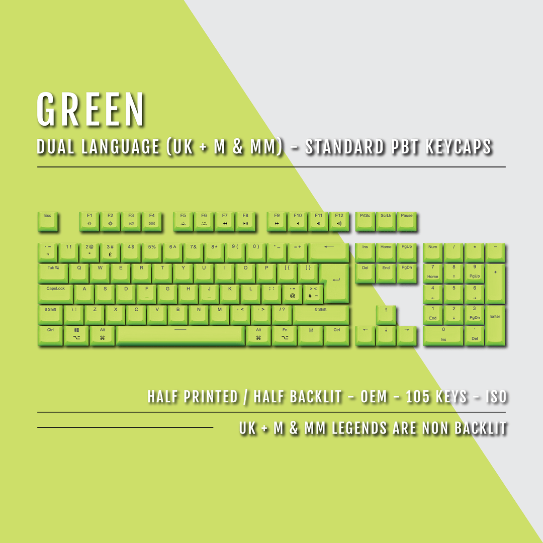 UK Green PBT Mac & Multimedia Keycaps - 100% Size - Dual Language Keycaps - kromekeycaps